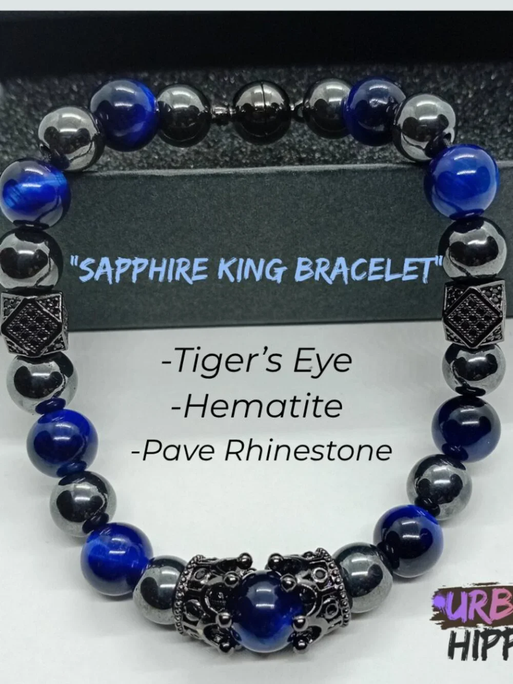 GEMSTONE Men's Double Crown Tiger's Eye & Hematite Beaded Bracelet Magnet Clasp
